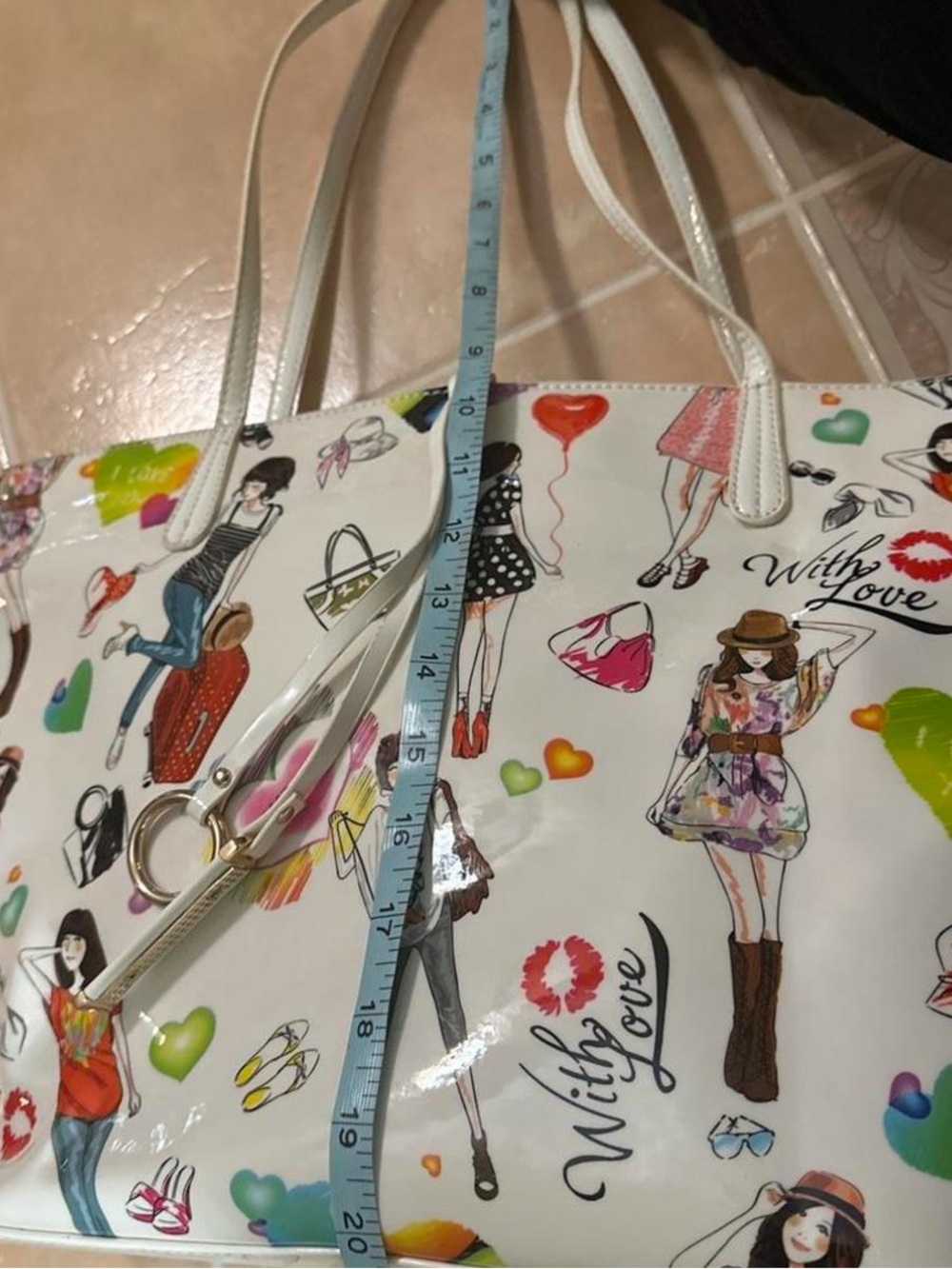 White Fashion Print Tote Bag with Colorful Illustration Accents - Picture 6 of 7